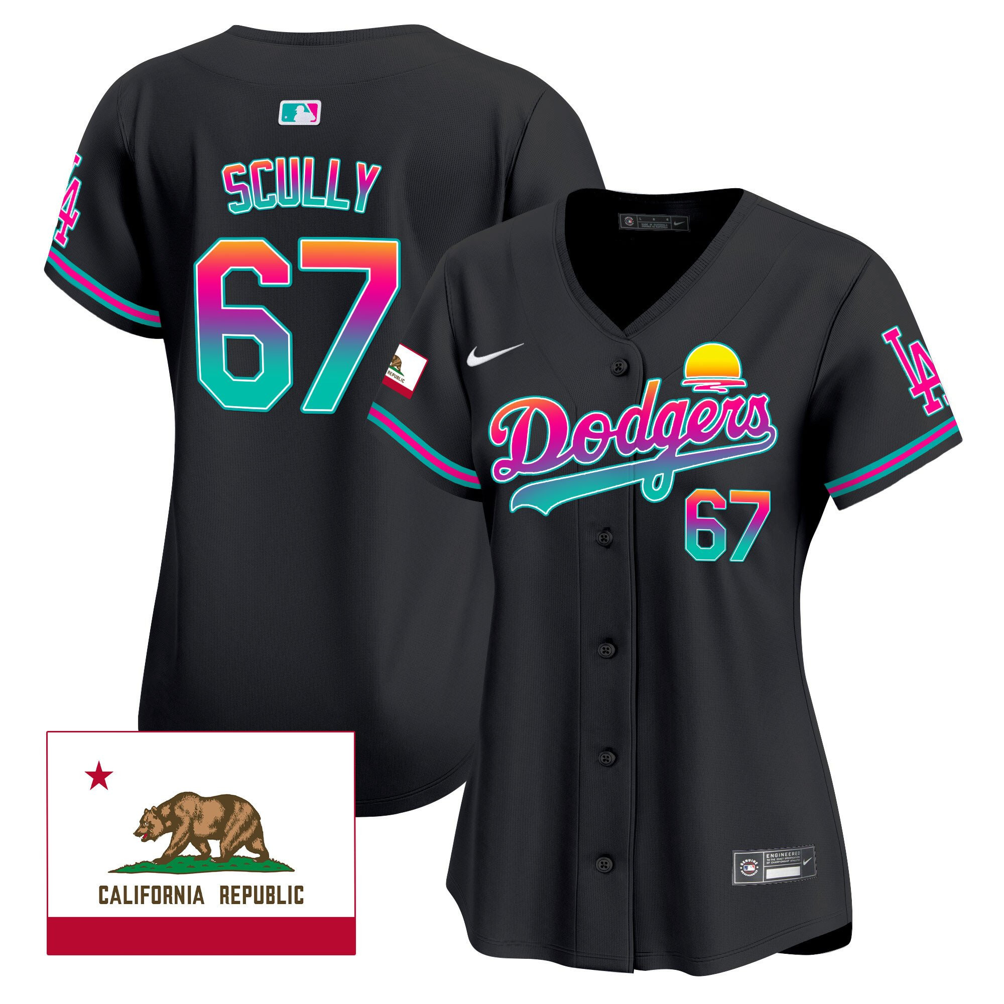 Vin Scully 67 Los Angeles Dodgers 2024 Los Angeles City Style California Republic Patch Women Baseball Jersey - Black 