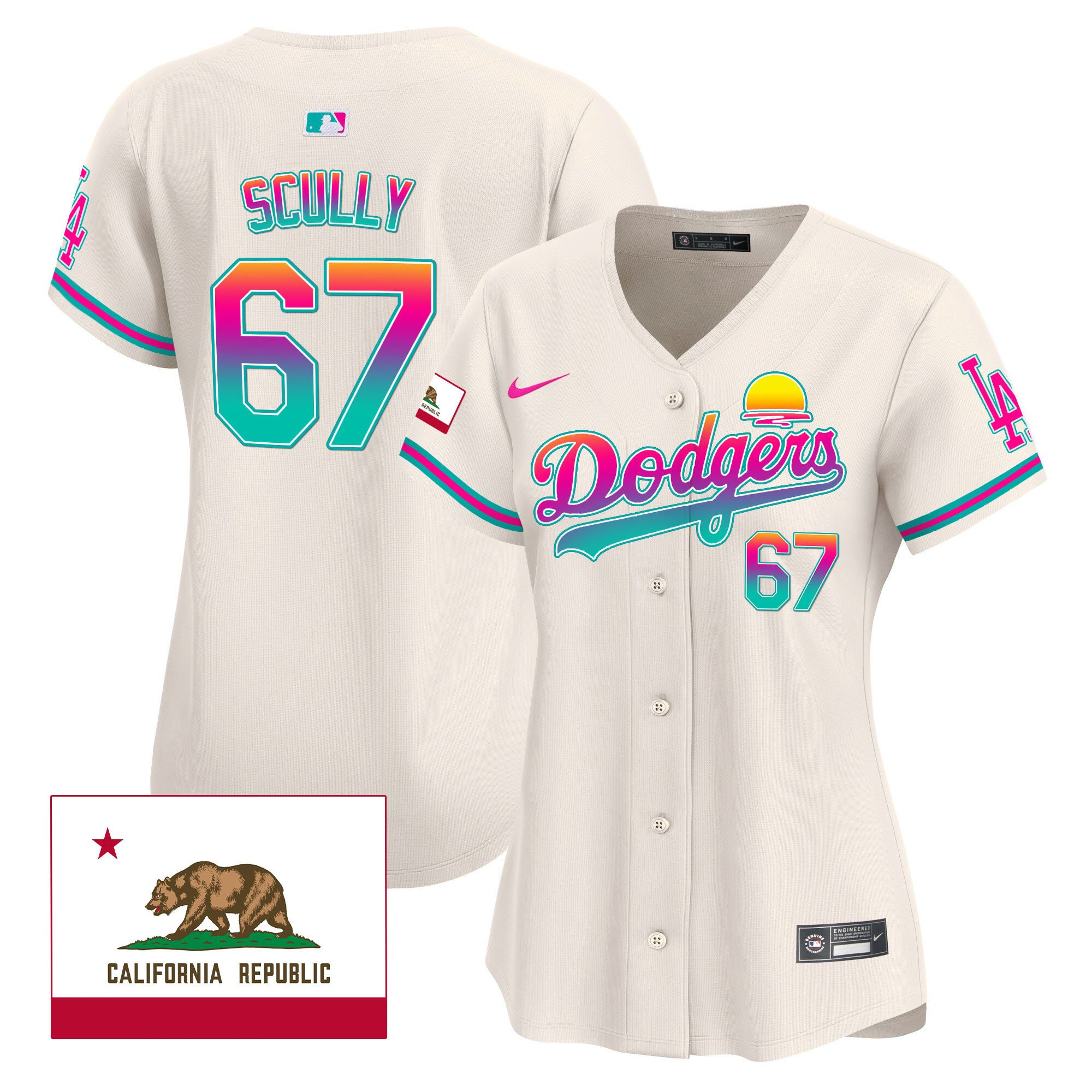 Vin Scully 67 Los Angeles Dodgers 2024 Los Angeles City Style California Republic Patch Women Baseball Jersey - Cream 