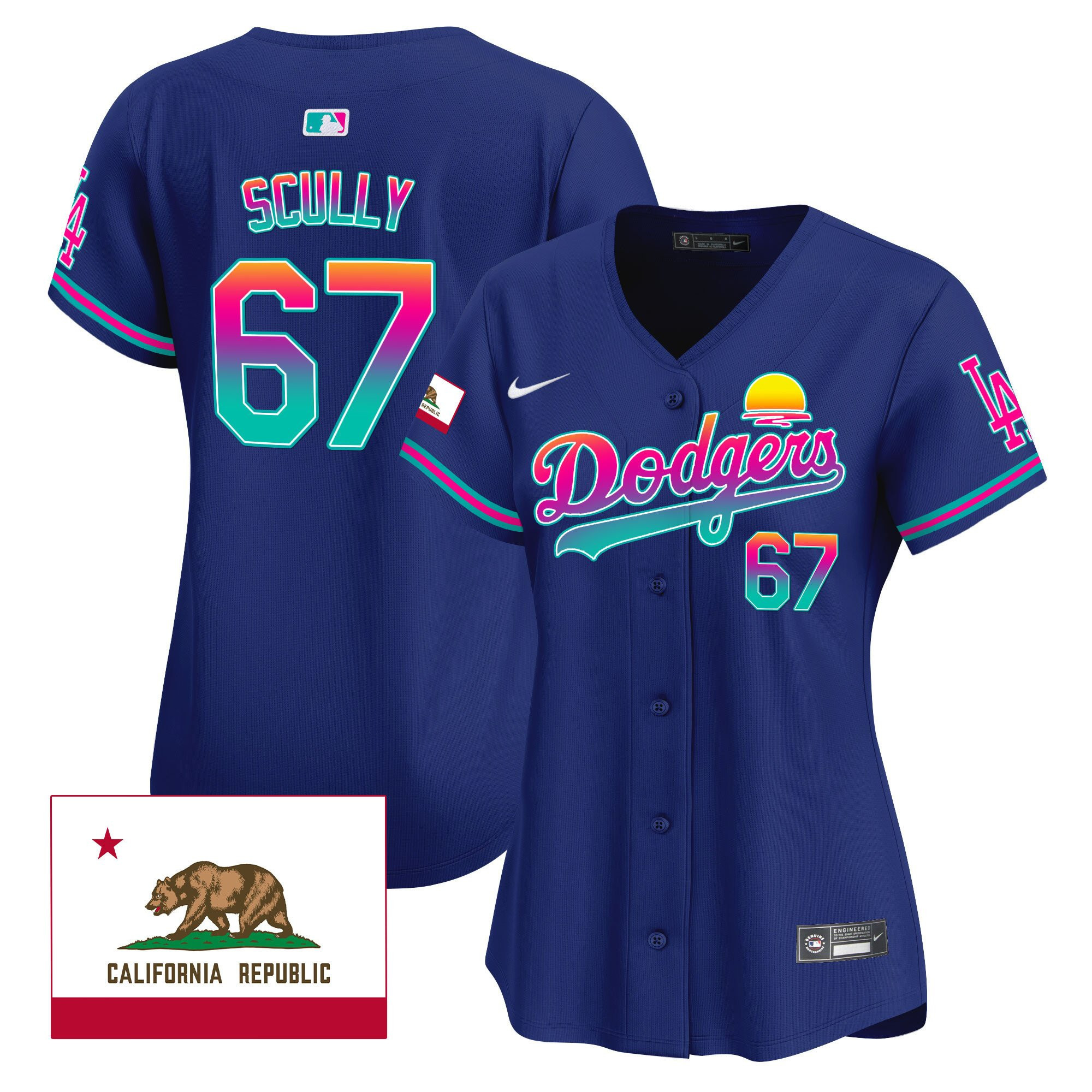 Vin Scully 67 Los Angeles Dodgers 2024 Los Angeles City Style California Republic Patch Women Baseball Jersey - Royal 