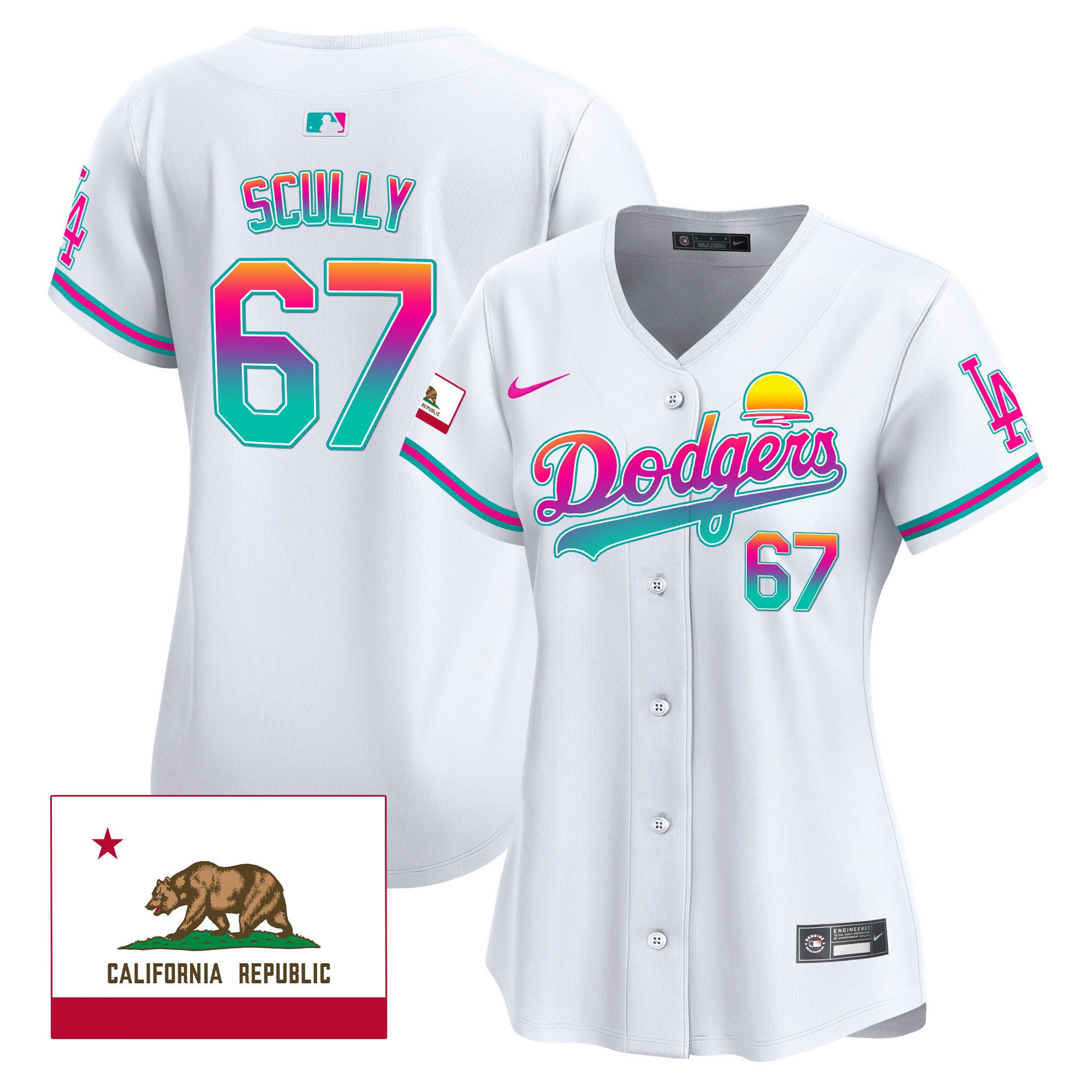 Vin Scully 67 Los Angeles Dodgers 2024 Los Angeles City Style California Republic Patch Women Baseball Jersey - White 