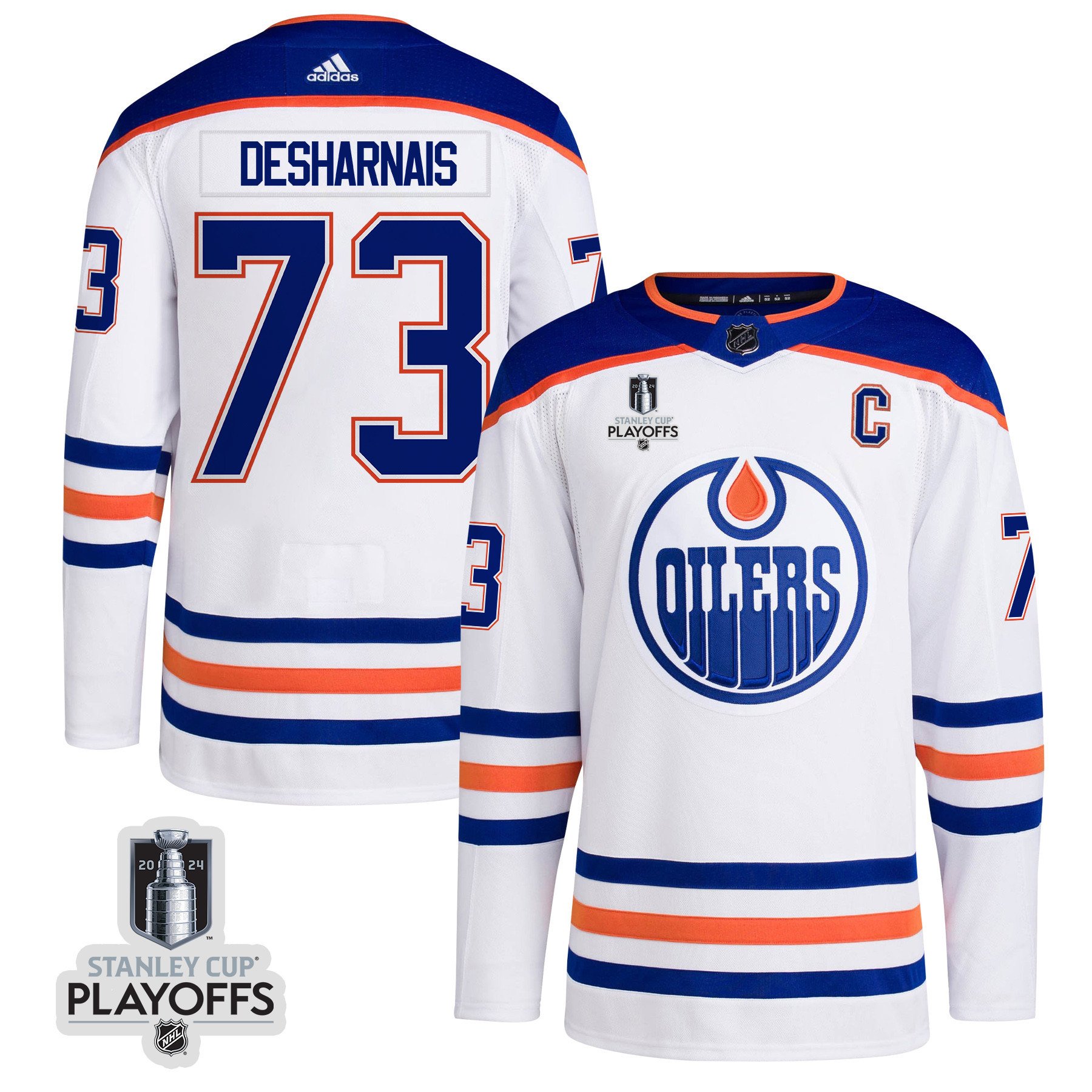 Vincent Desharnais 73 Edmonton Oilers 2024 NHL Playoffs Patch Away Hockey Jersey - Men, White - JS956 