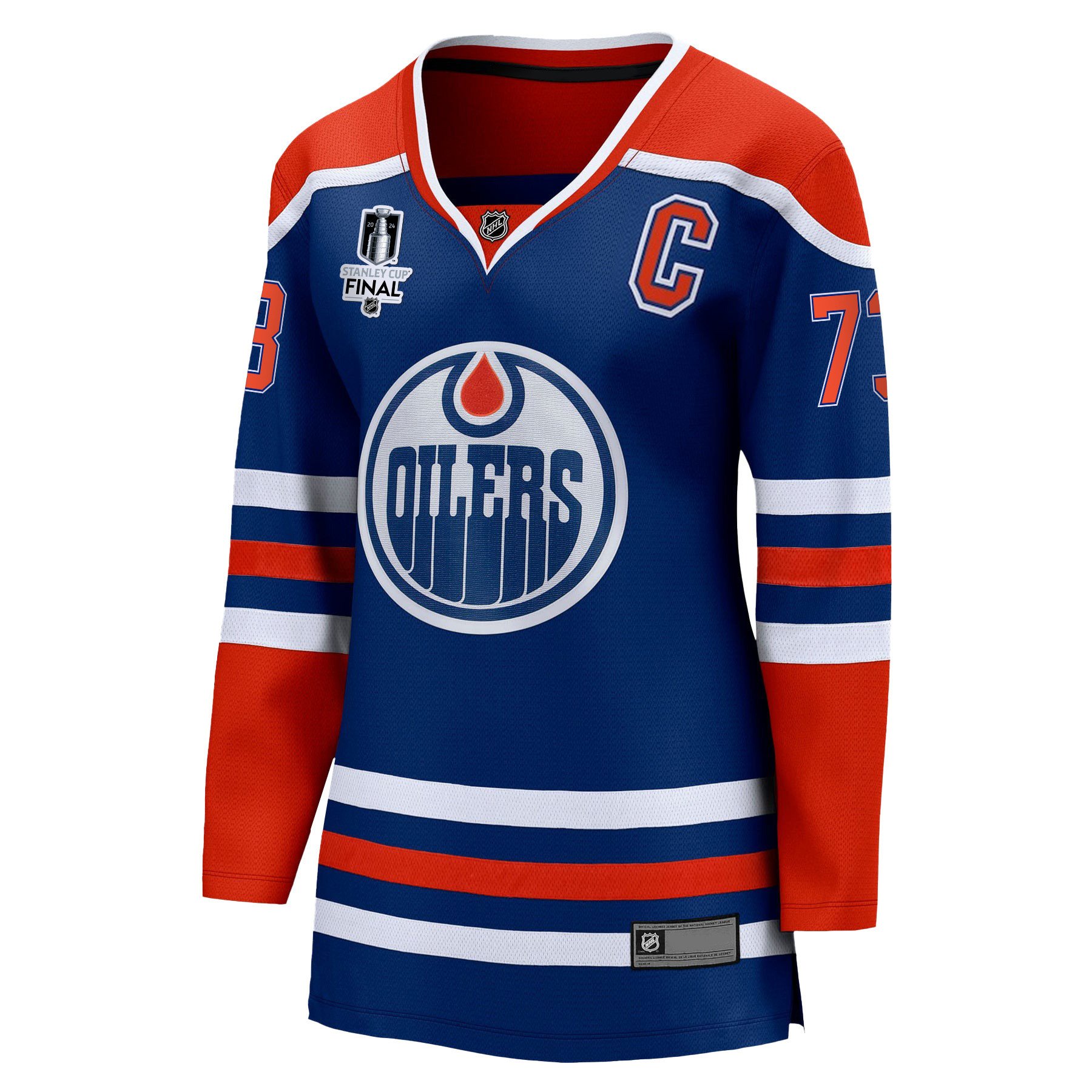 Alternative view of Vincent Desharnais 73 Edmonton Oilers 2024 STANLEY CUP Final Women's Home Hockey Jersey - Royal - JS685 