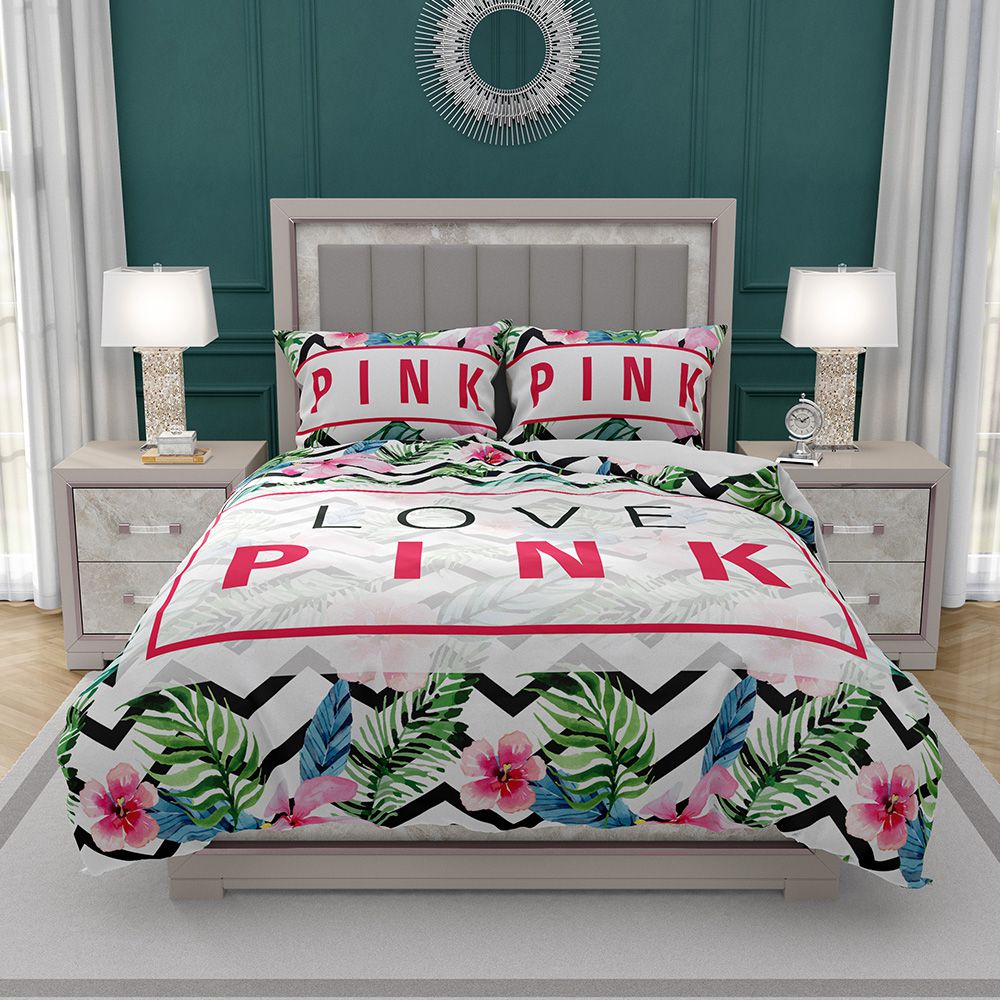 VS Love Pink Modern Pattern With Tropical Watercolor Flowers Bedding Set - Custom Bedding Set