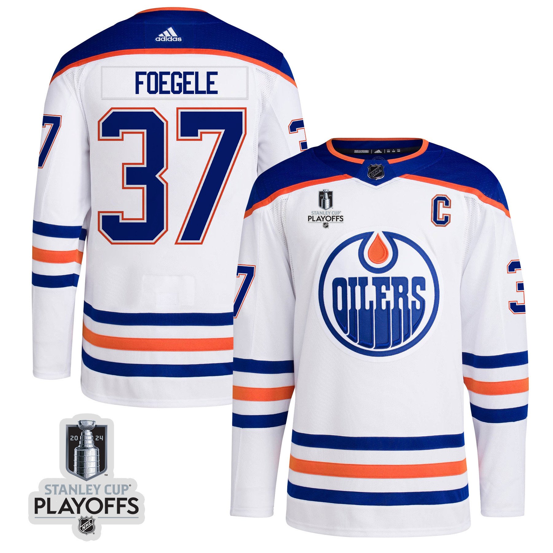 Warren Foegele 37 Edmonton Oilers 2024 NHL Playoffs Patch Away Hockey Jersey - Men, White - JS565 