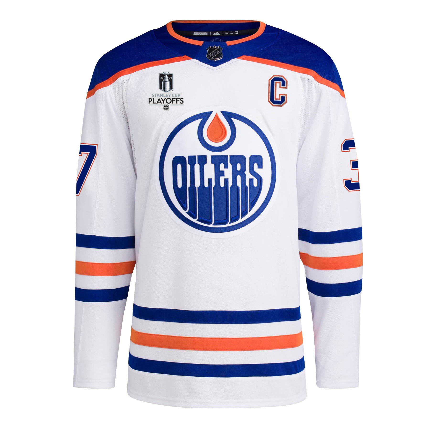 Alternative view of Warren Foegele 37 Edmonton Oilers 2024 NHL Playoffs Patch Away Hockey Jersey - Men, White - JS565 