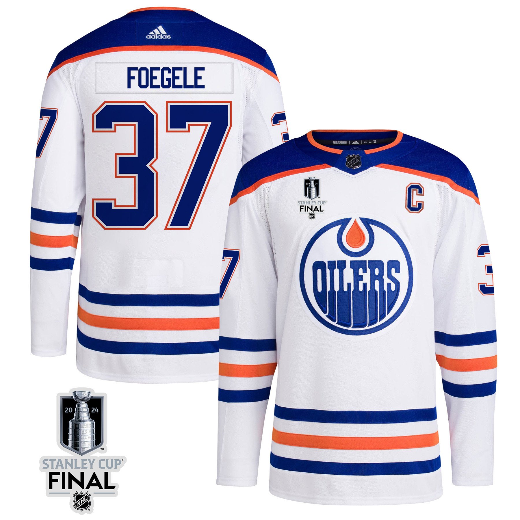 Warren Foegele 37 Edmonton Oilers 2024 STANLEY CUP Final Away Hockey Jersey - Men, White - JS460 