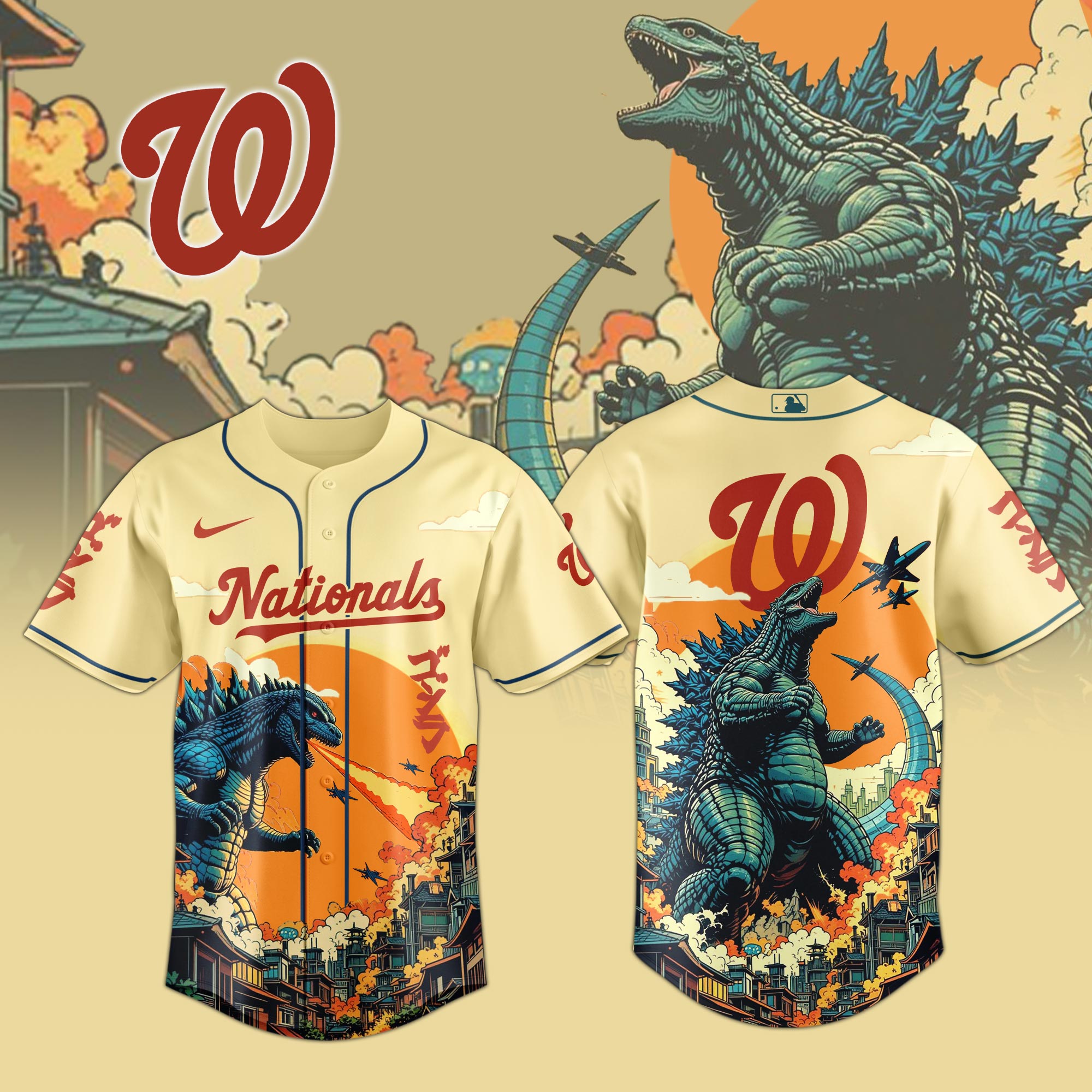 Washington Nationals Mlb X Godzilla Attack Custom Baseball Jersey