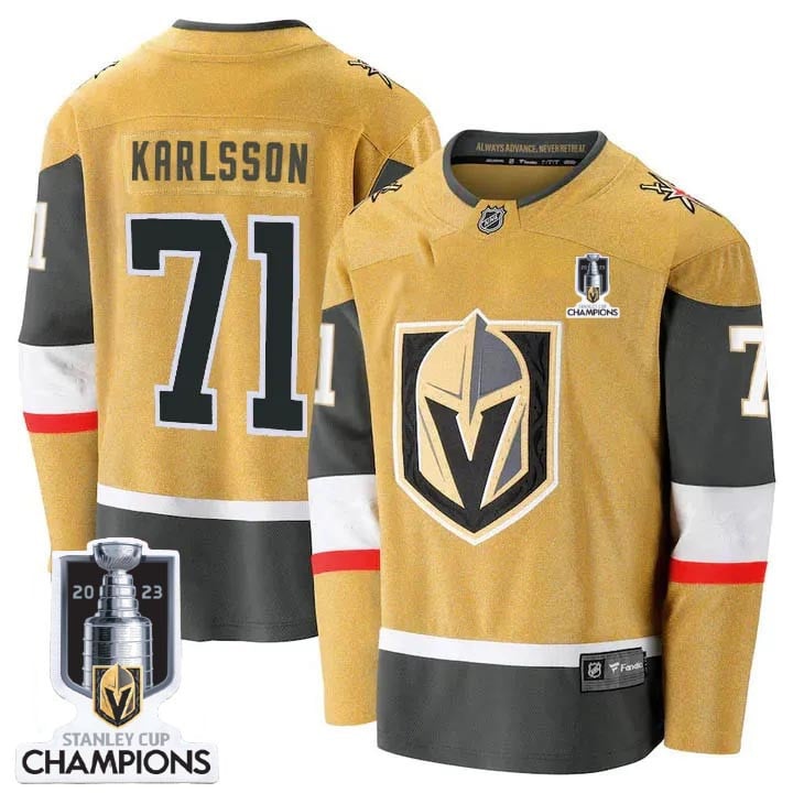 William Karlsson 71 Vegas Golden Knights 2023 Stanley Cup Champions Patch Breakaway Home Hockey Jersey - Gold - JS847 