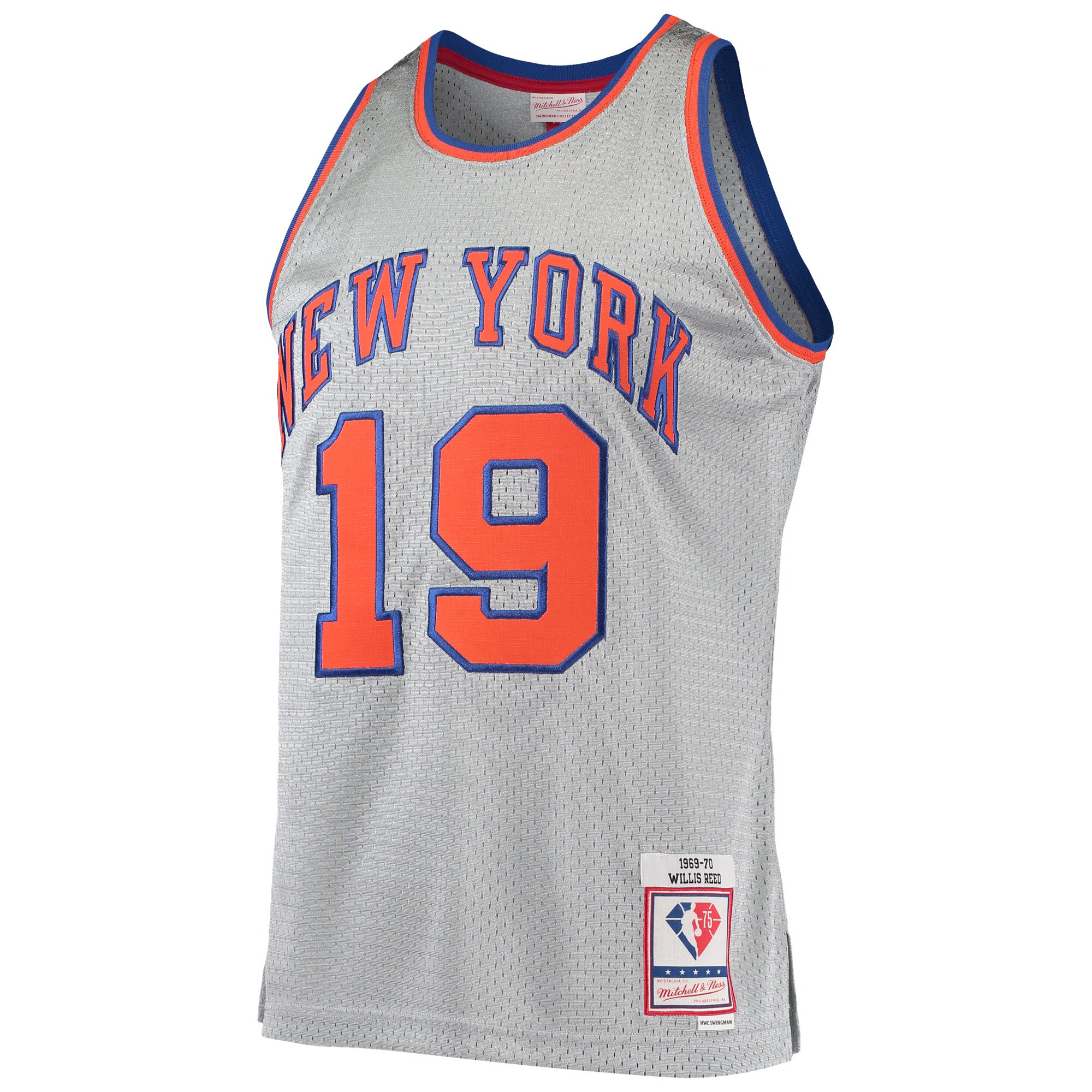 Alternative view of Willis Reed New York Knicks Mitchell & Ness 75th Anniversary 1969/70 Hardwood Classics Swingman Basketball Jersey - Silver