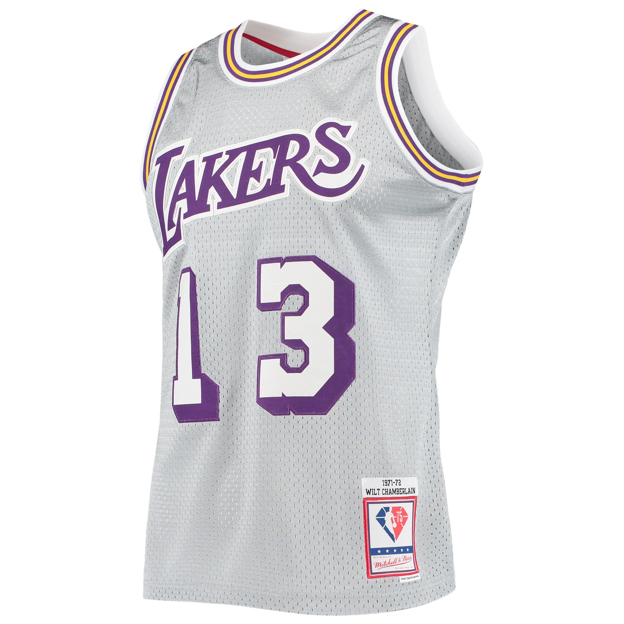 Alternative view of Wilt Chamberlain Los Angeles Lakers Mitchell & Ness 75th Anniversary 1971/72 Hardwood Classics Swingman Basketball Jersey - Silver