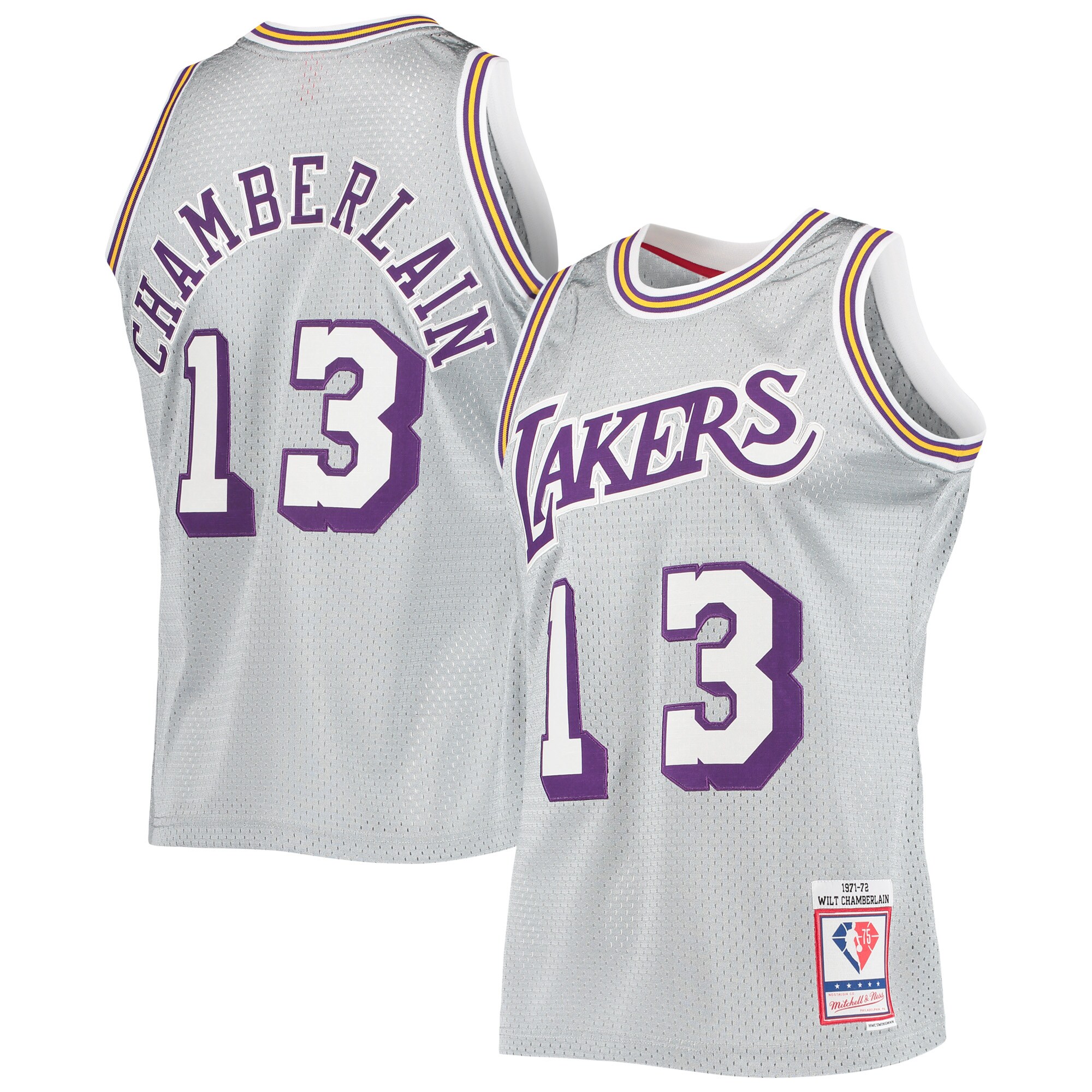 Wilt Chamberlain Los Angeles Lakers Mitchell & Ness 75th Anniversary 1971/72 Hardwood Classics Swingman Basketball Jersey - Silver