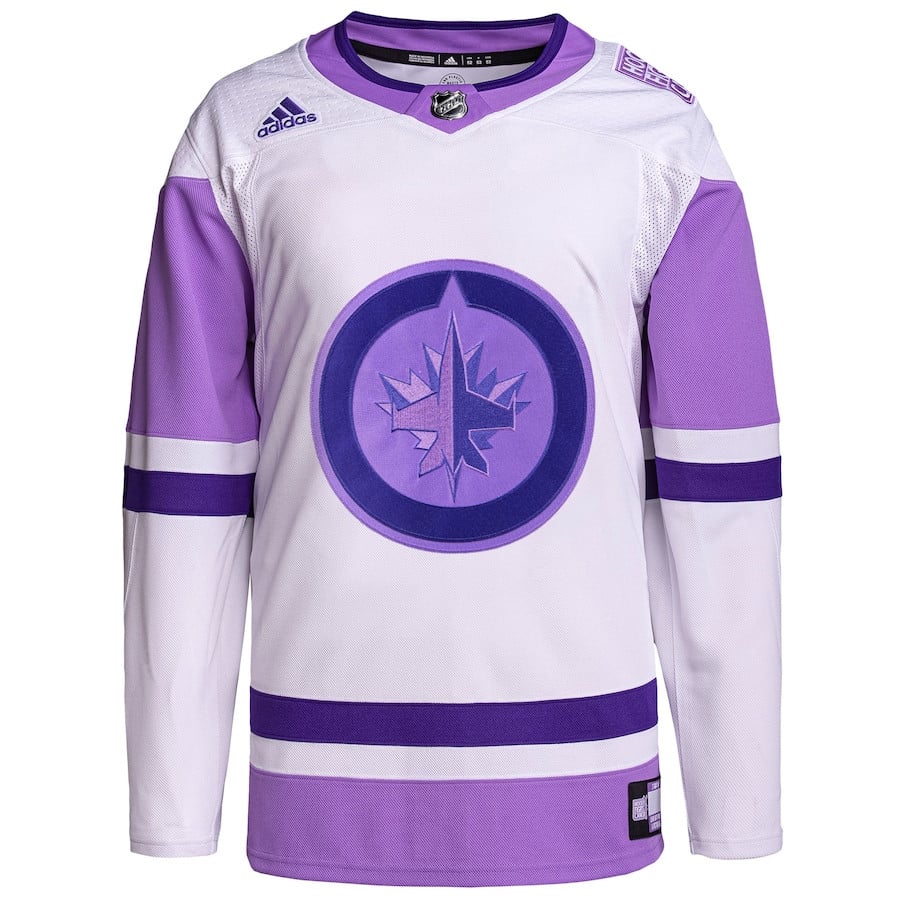 Alternative view of Winnipeg Jets Hockey Fights Cancer Primegreen Custom Men Hockey Jersey - White/Purple - JS888 
