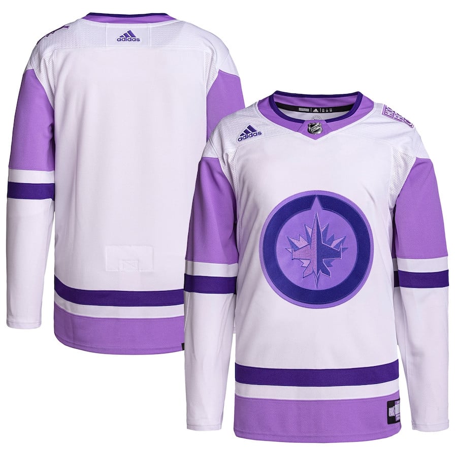 Winnipeg Jets Hockey Fights Cancer Primegreen Men Hockey Jersey - White/Purple - JS952 