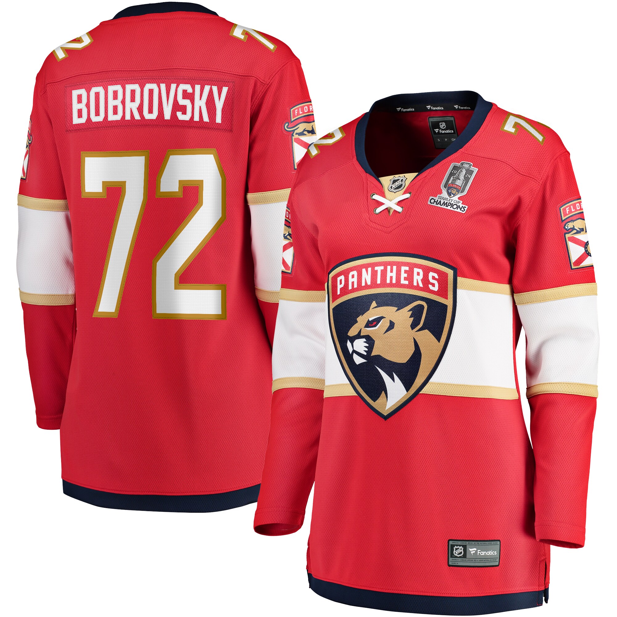 Women's Florida Panthers Sergei Bobrovsky Red Home 2024 Stanley Cup Champions Breakaway Player Hockey Jersey - JS362 