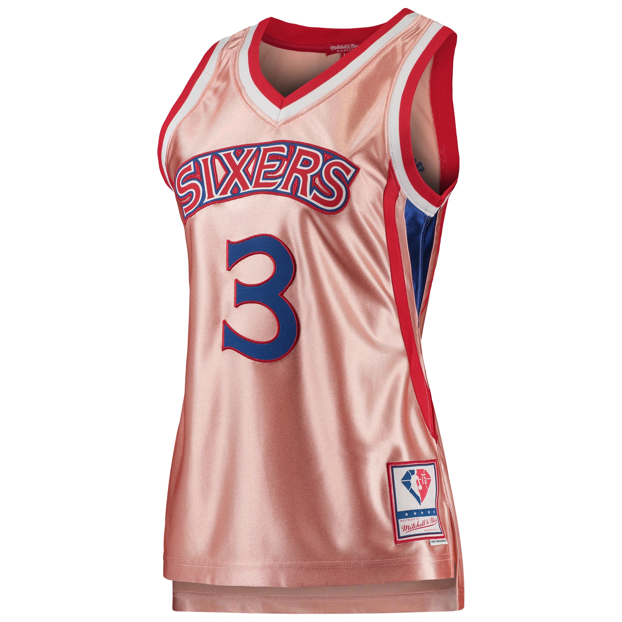 Alternative view of Women's Mitchell & Ness Allen Iverson Pink Philadelphia 76ers 75th Anniversary Rose Gold 1996 Swingman Basketball Jersey - JS267 