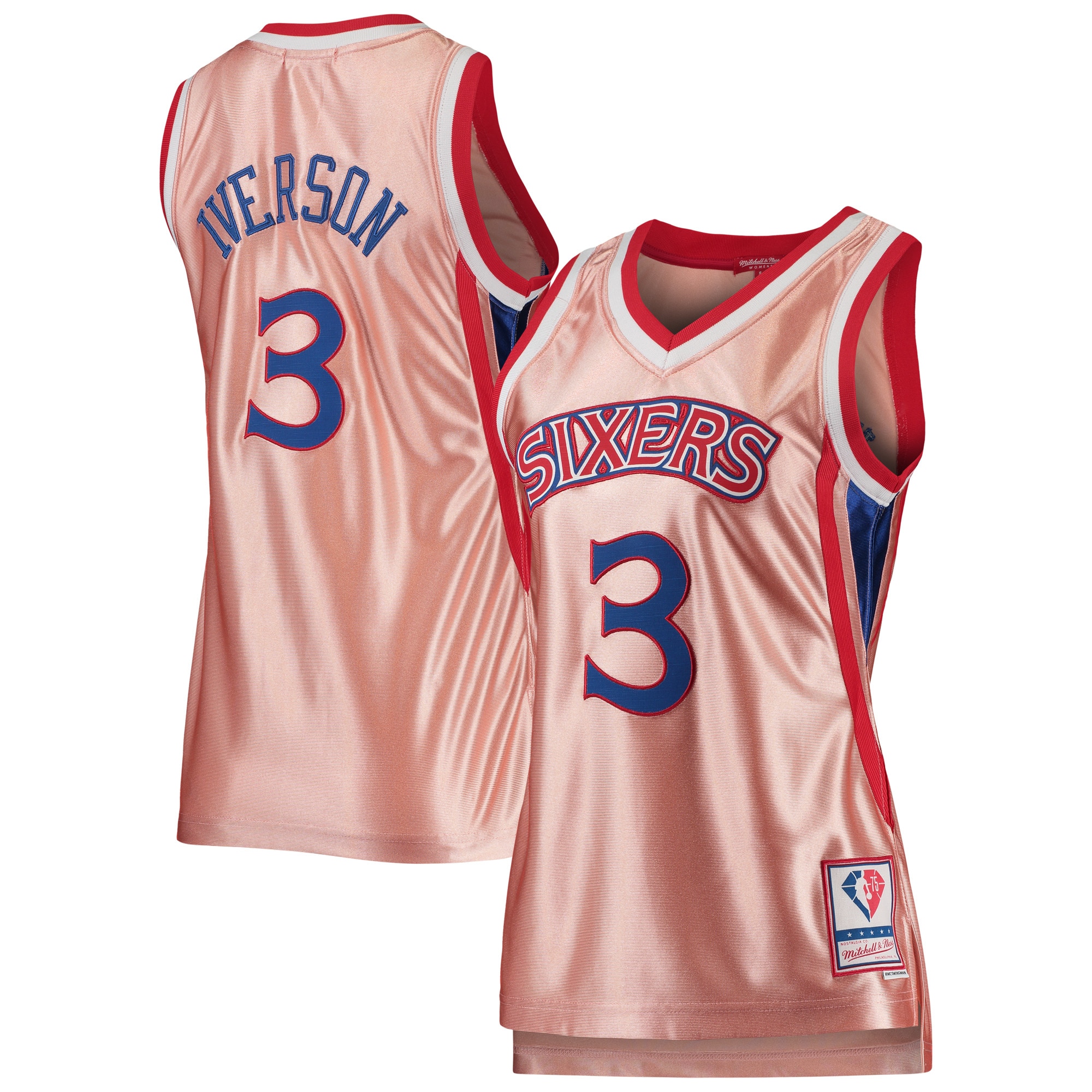 Women's Mitchell & Ness Allen Iverson Pink Philadelphia 76ers 75th Anniversary Rose Gold 1996 Swingman Basketball Jersey - JS267 