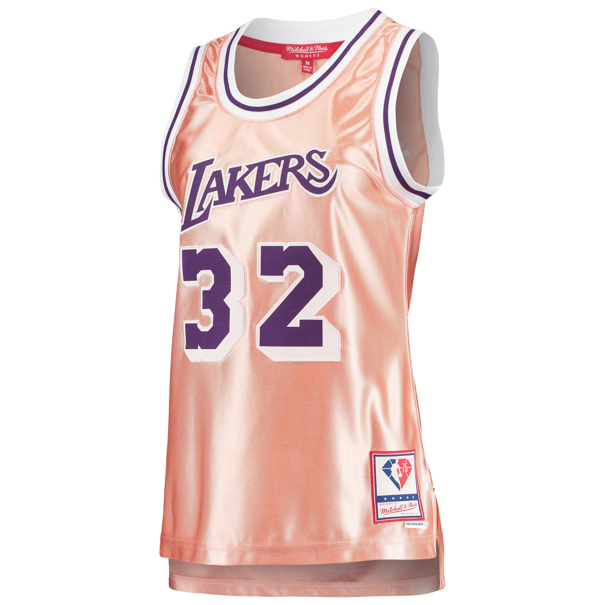 Alternative view of Women's Mitchell & Ness Magic Johnson Pink Los Angeles Lakers 75th Anniversary Rose Gold 1984 Swingman Basketball Jersey - JS575 