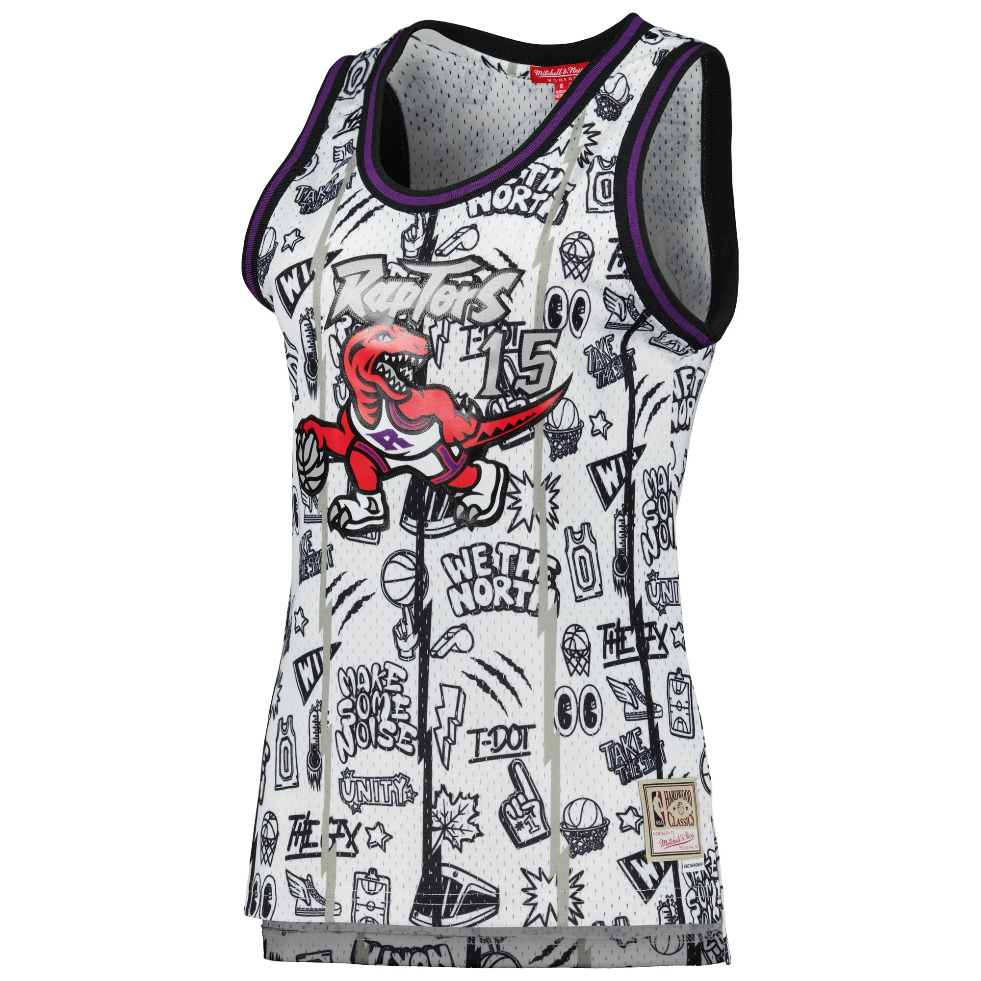 Alternative view of Women's Mitchell & Ness Vince Carter White Toronto Raptors 1998 Doodle Swingman Basketball Jersey - JS898 