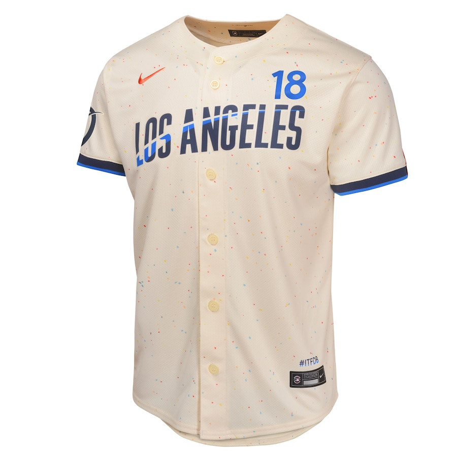 Alternative view of Yoshinobu Yamamoto 18 Los Angeles Dodgers 2024 City Connect Limited Youth Baseball Jersey - Cream 
