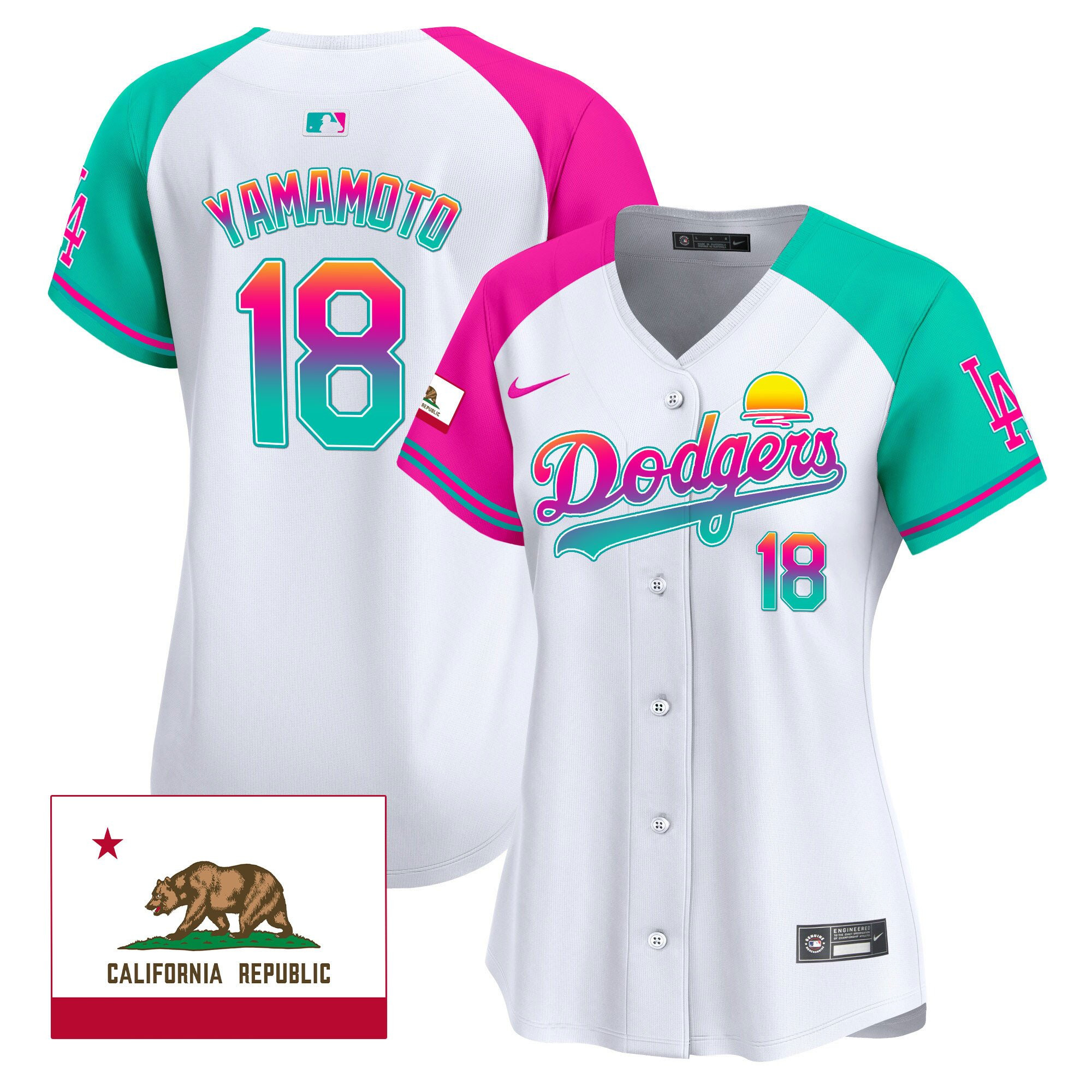 Yoshinobu Yamamoto 18 Los Angeles Dodgers 2024 Los Angeles City Style California Republic Patch Women Baseball Jersey - Alternate 