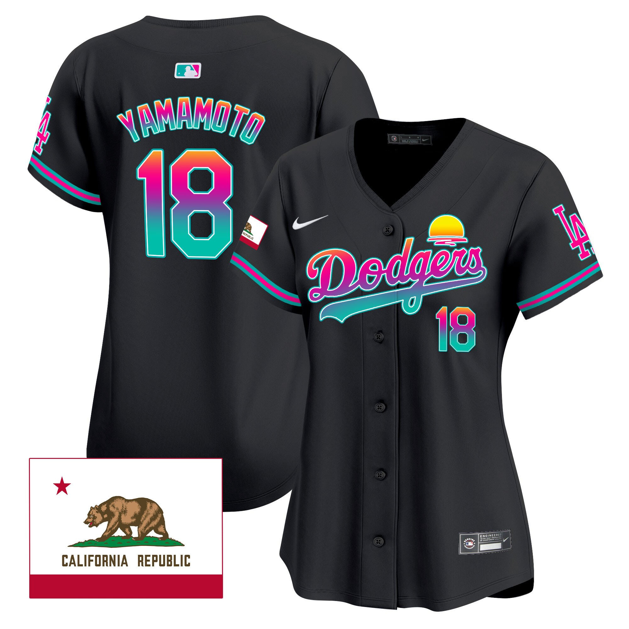 Yoshinobu Yamamoto 18 Los Angeles Dodgers 2024 Los Angeles City Style California Republic Patch Women Baseball Jersey - Black 