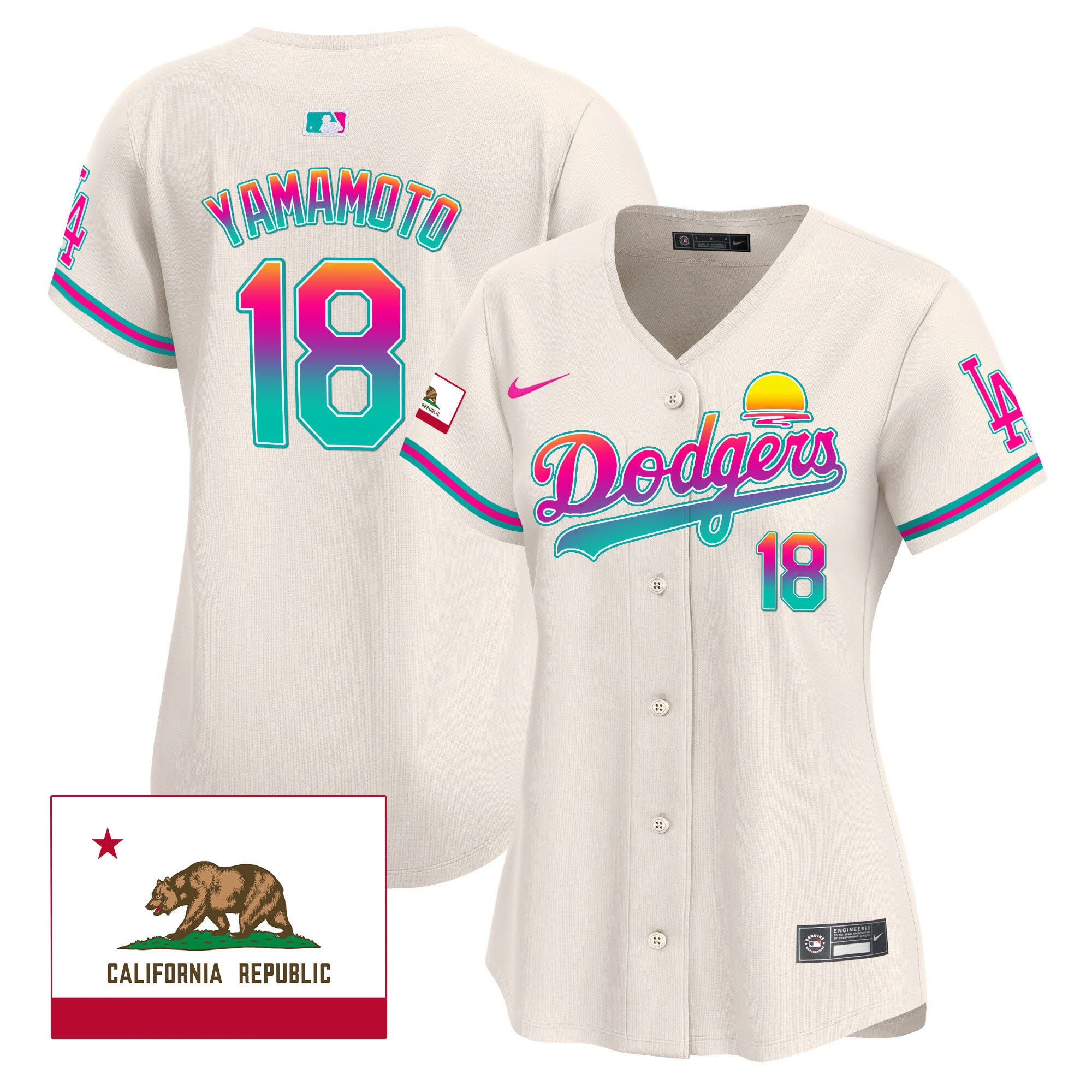 Yoshinobu Yamamoto 18 Los Angeles Dodgers 2024 Los Angeles City Style California Republic Patch Women Baseball Jersey - Cream 