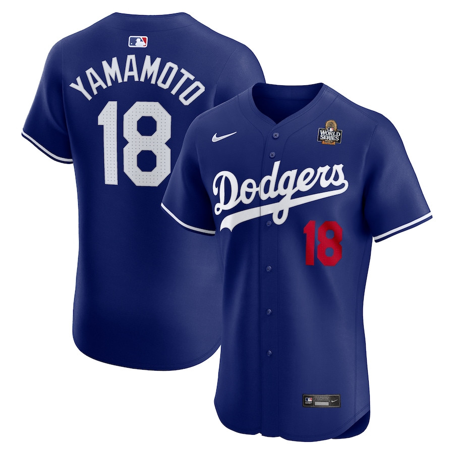 Yoshinobu Yamamoto 18 Los Angeles Dodgers 2024 World Series Alternate Elite Player Men Baseball Jersey - Royal 