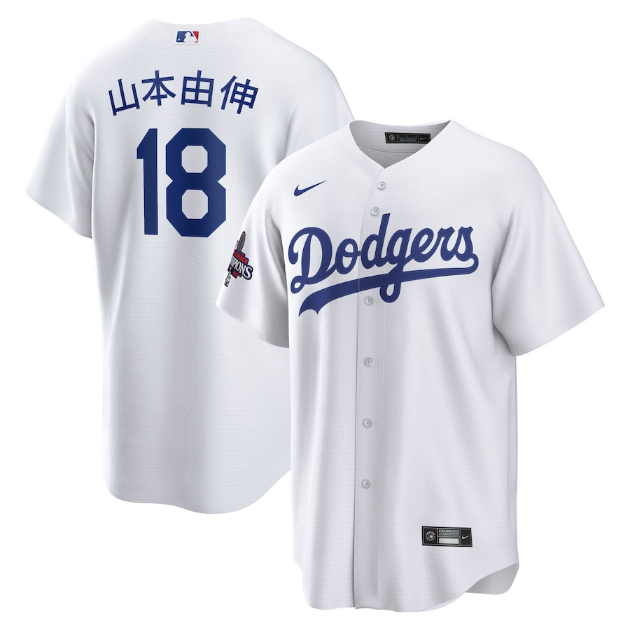 Yoshinobu Yamamoto 18 Los Angeles Dodgers 2024 World Series Champions Home Japanese Characters Men Player Baseball Jersey - White 
