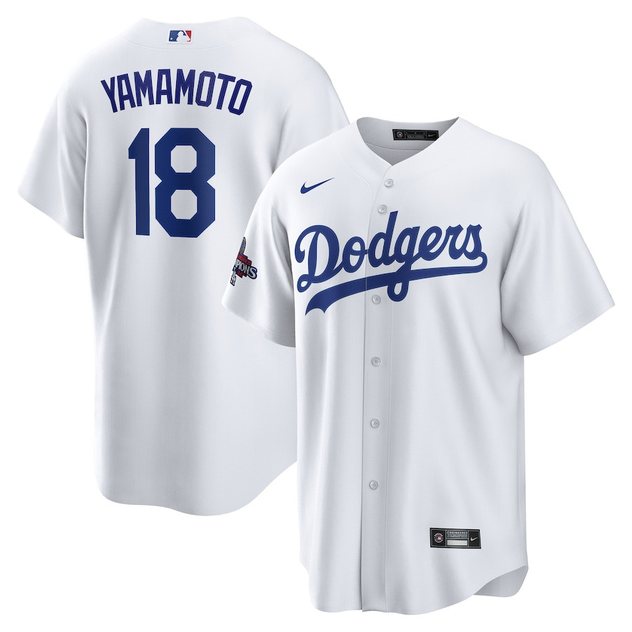 Yoshinobu Yamamoto 18 Los Angeles Dodgers 2024 World Series Champions Home Men Player Baseball Jersey - White 