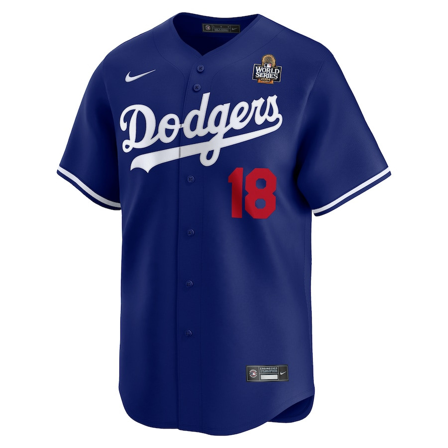 Alternative view of Yoshinobu Yamamoto 18 Los Angeles Dodgers 2024 World Series Home Limited Player Men Baseball Jersey - Royal 