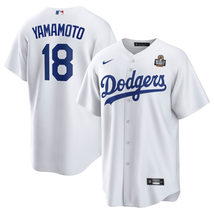 Yoshinobu Yamamoto 18 Los Angeles Dodgers 2024 World Series Home Player Men Baseball Jersey - White 