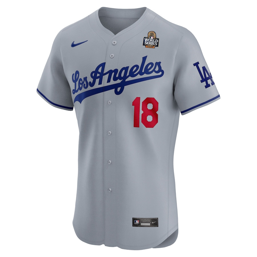 Alternative view of Yoshinobu Yamamoto 18 Los Angeles Dodgers 2024 World Series Road Elite Player Men Baseball Jersey - Gray 