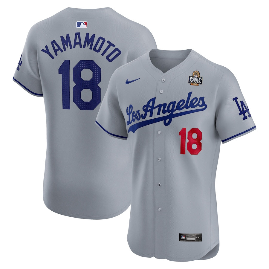 Yoshinobu Yamamoto 18 Los Angeles Dodgers 2024 World Series Road Elite Player Men Baseball Jersey - Gray 