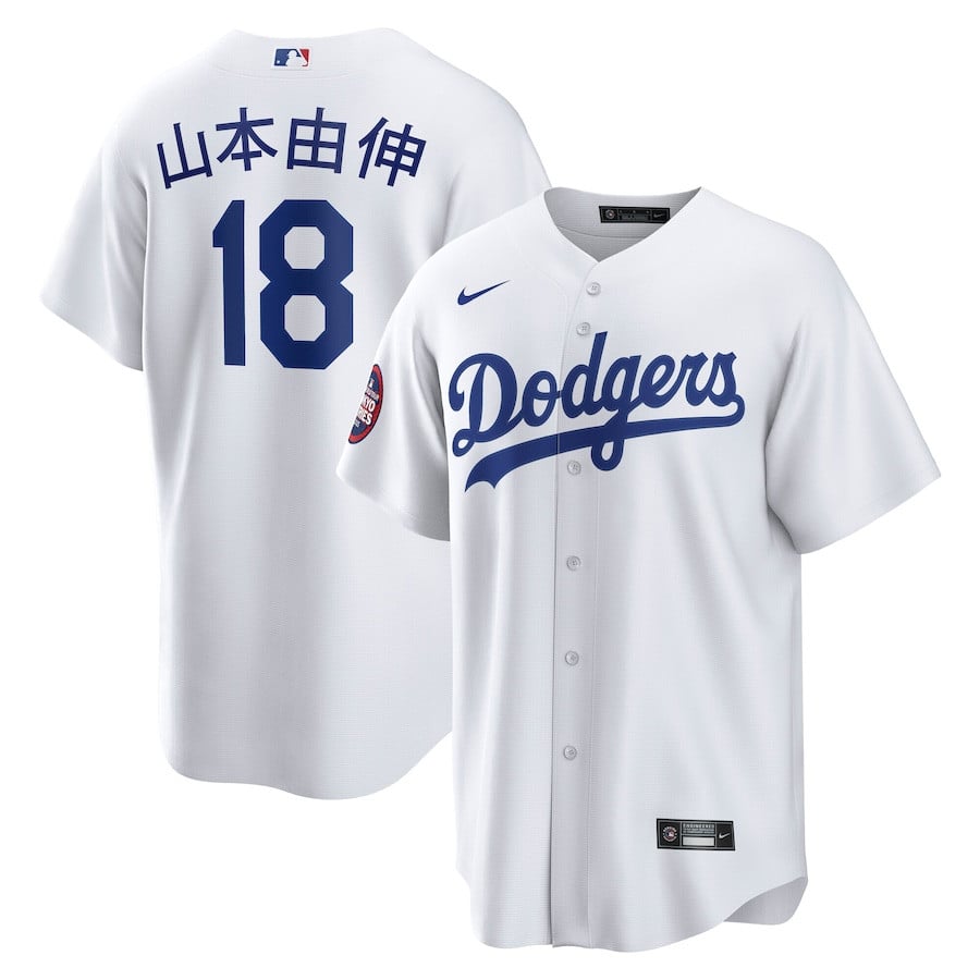 Yoshinobu Yamamoto 18 Los Angeles Dodgers 2025 MLB World Tour: Tokyo Series Home Kanji Player Men Baseball Jersey - White 