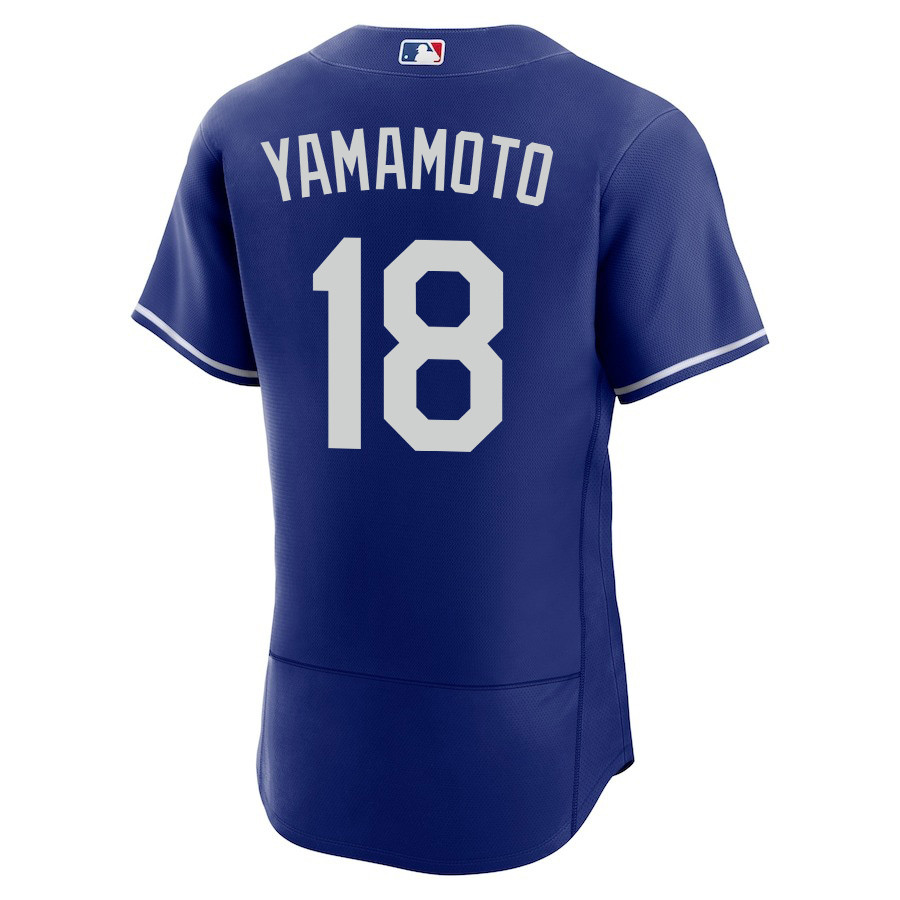 Alternative view of Yoshinobu Yamamoto 18 Los Angeles Dodgers Alternate ELITE Men Baseball Jersey - Royal 