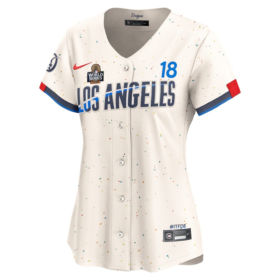 Alternative view of Yoshinobu Yamamoto 18 Los Angeles Dodgers Women's 2024 World Series Champions City Connect Limited Player Baseball Jersey - Cream 