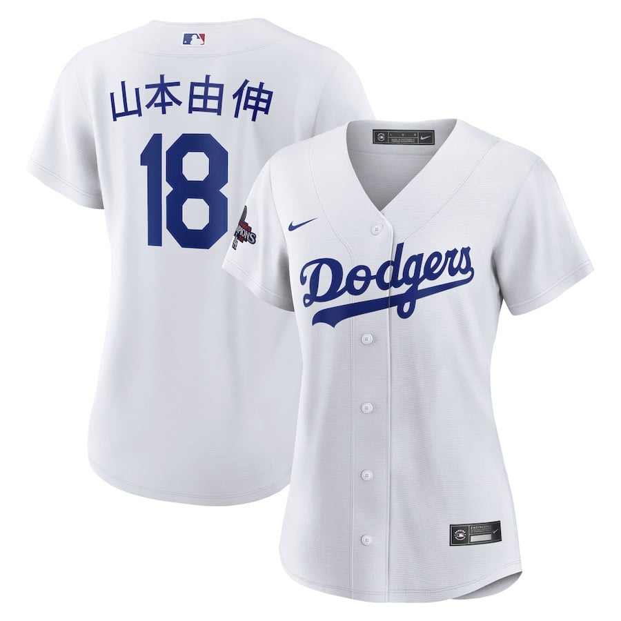 Yoshinobu Yamamoto 18 Los Angeles Dodgers Women's 2024 World Series Champions Home Japanese Characters Player Baseball Jersey - White 