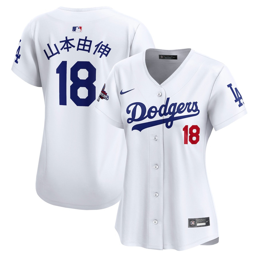 Yoshinobu Yamamoto 18 Los Angeles Dodgers Women's 2024 World Series Champions Japanese Characters Limited Player Baseball Jersey - White 