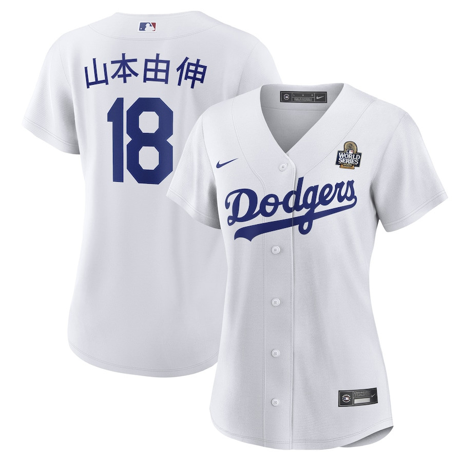Yoshinobu Yamamoto 18 Los Angeles Dodgers Women's Home 2024 World Series Japanese Lettering Baseball Jersey - White 
