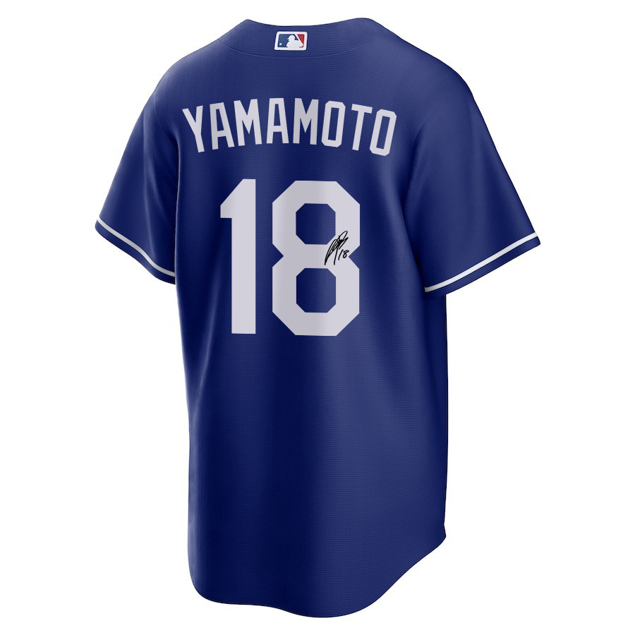 Alternative view of Yoshinobu Yamamoto 18 Signed Los Angeles Dodgers Alternate Men Baseball Jersey - Royal 