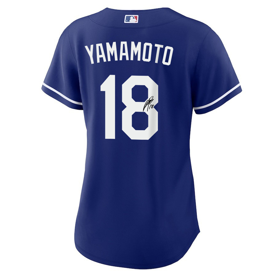 Alternative view of Yoshinobu Yamamoto 18 Signed Los Angeles Dodgers Alternate Women Baseball Jersey - Royal 