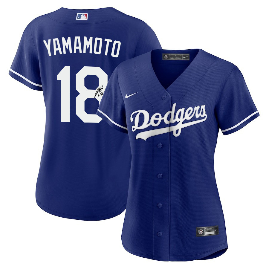 Yoshinobu Yamamoto 18 Signed Los Angeles Dodgers Alternate Women Baseball Jersey - Royal 