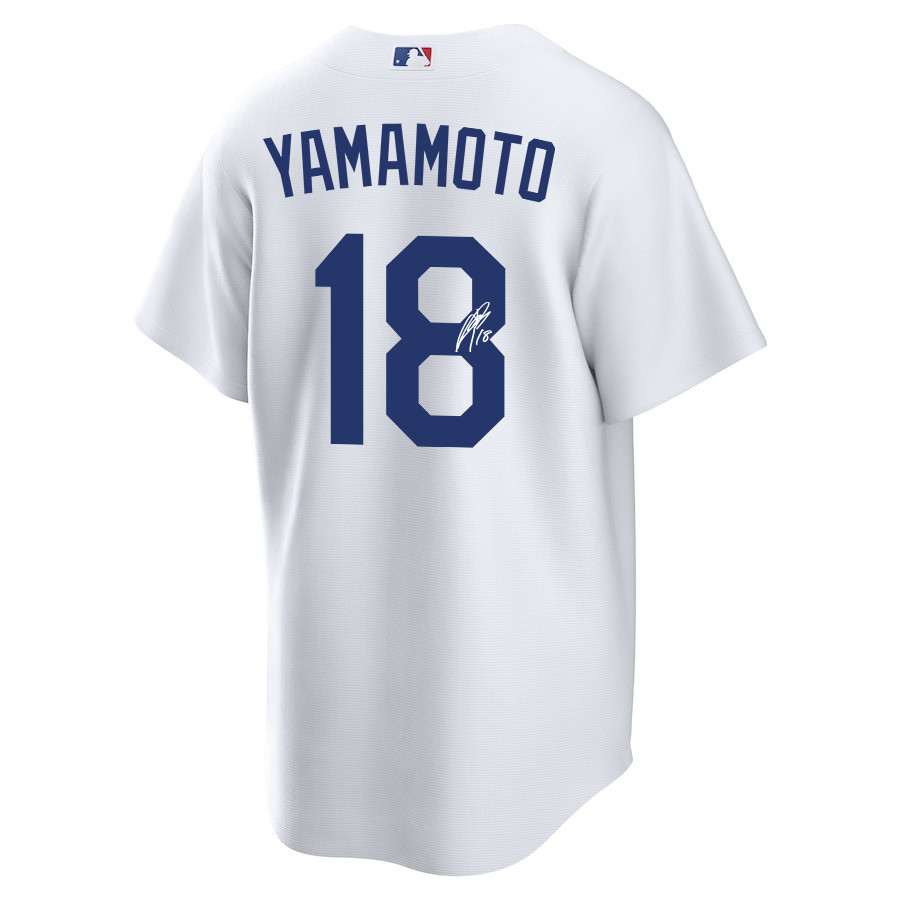 Alternative view of Yoshinobu Yamamoto 18 Signed Los Angeles Dodgers Home Men Baseball Jersey - White 