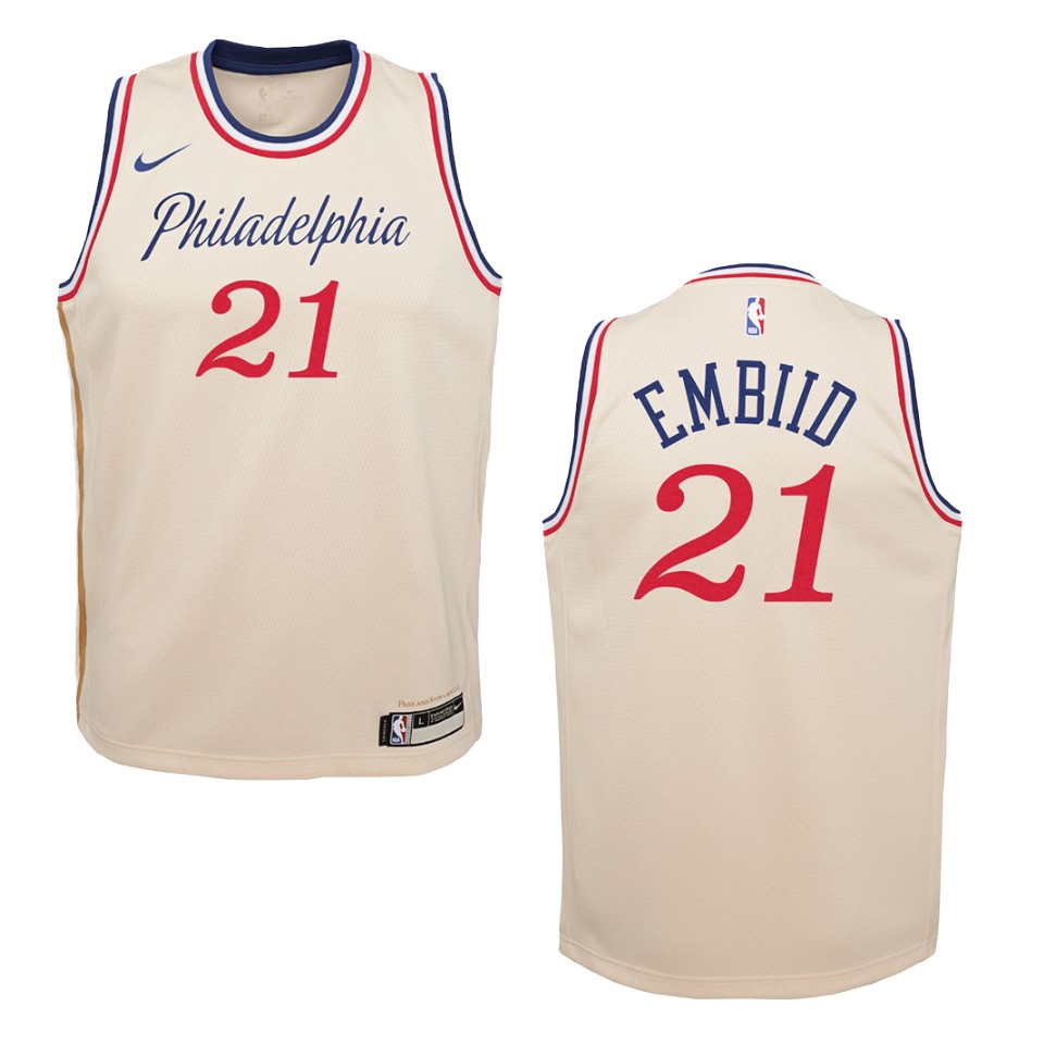 Youth 2019-20 Philadelphia 76ers #21 Joel Embiid City Swingman Basketball Jersey - Cream White