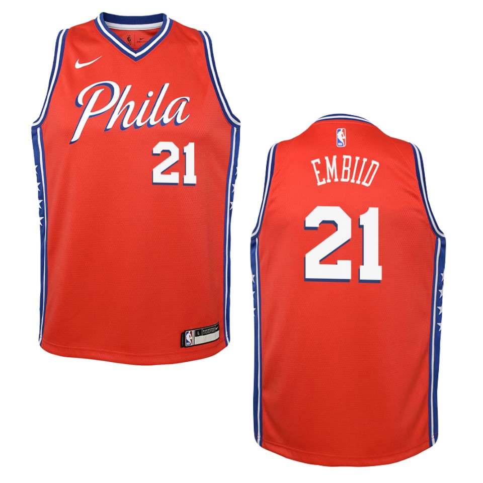 Youth 2019-20 Philadelphia 76ers #21 Joel Embiid Statement Swingman Basketball Jersey - Red