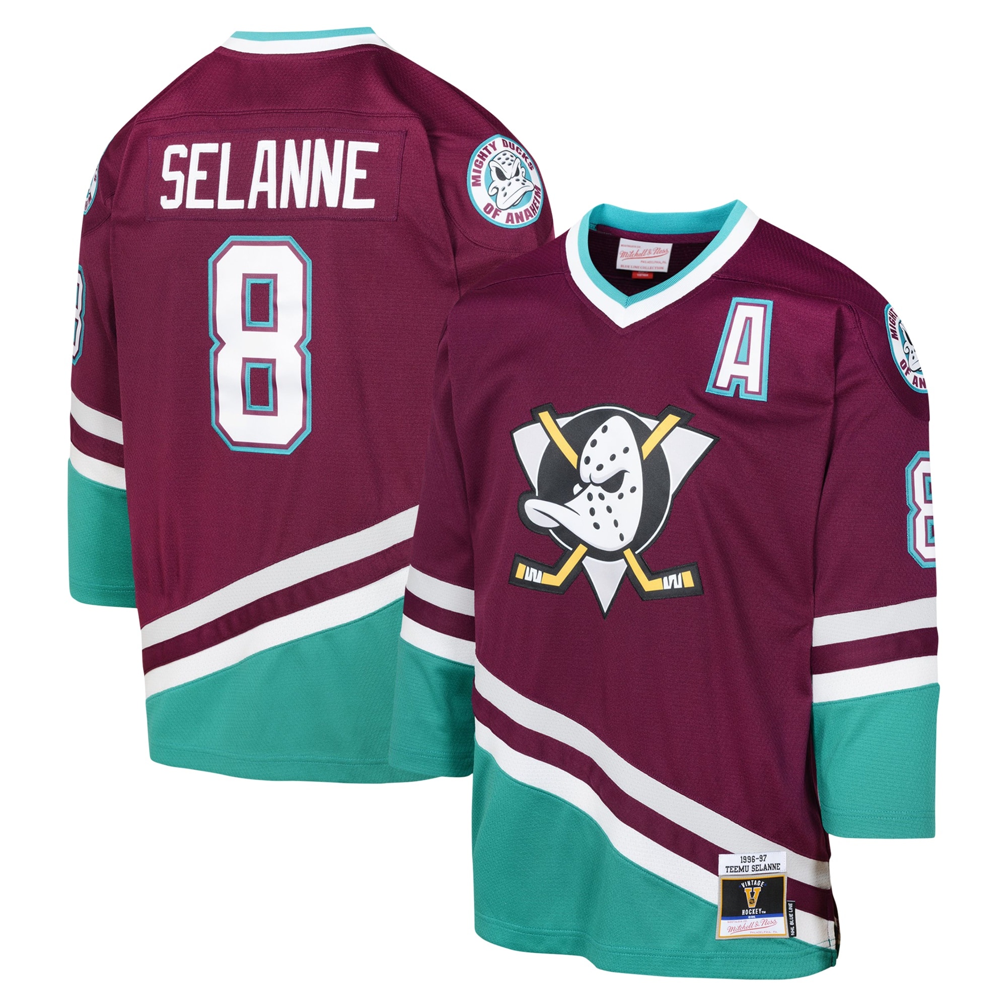 Youth Anaheim Ducks Teemu Selanne Mitchell & Ness Maroon 1996 Blue Line Player Jersey - JS742 