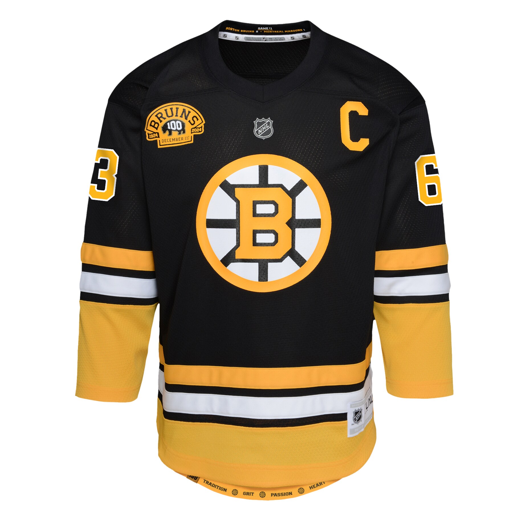 Alternative view of Youth Boston Bruins Brad Marchand Black 100th Anniversary Player Hockey Jersey - JS924 