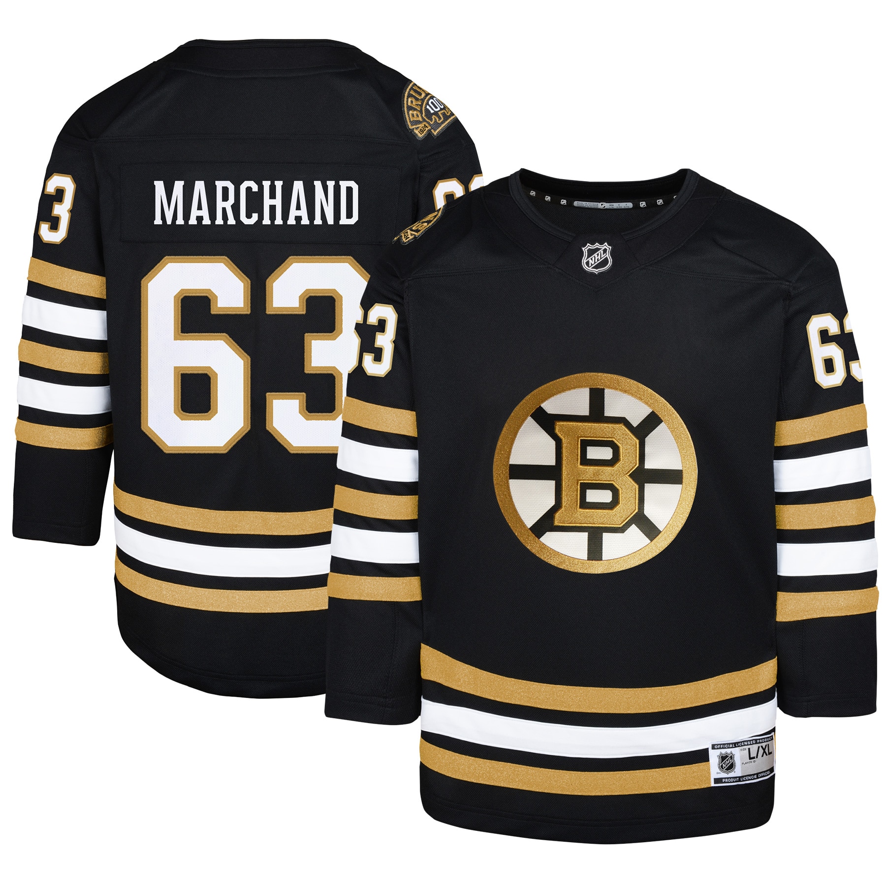 Youth Boston Bruins Brad Marchand Black 100th Anniversary Premier Player Hockey Jersey - JS378 