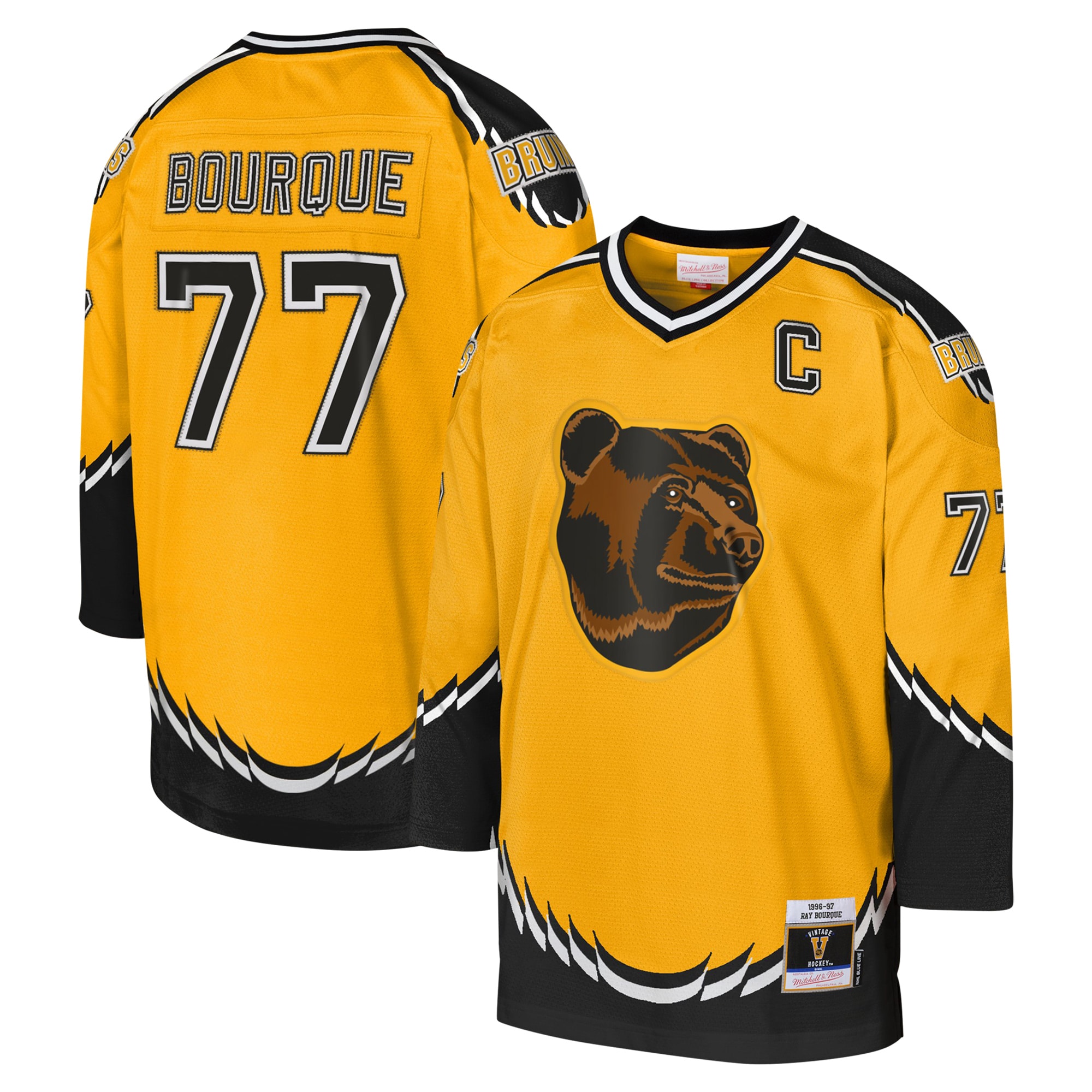 Youth Boston Bruins Ray Bourque Mitchell & Ness Gold 1996-97 Blue Line Captain Patch Player Hockey Jersey - JS163 