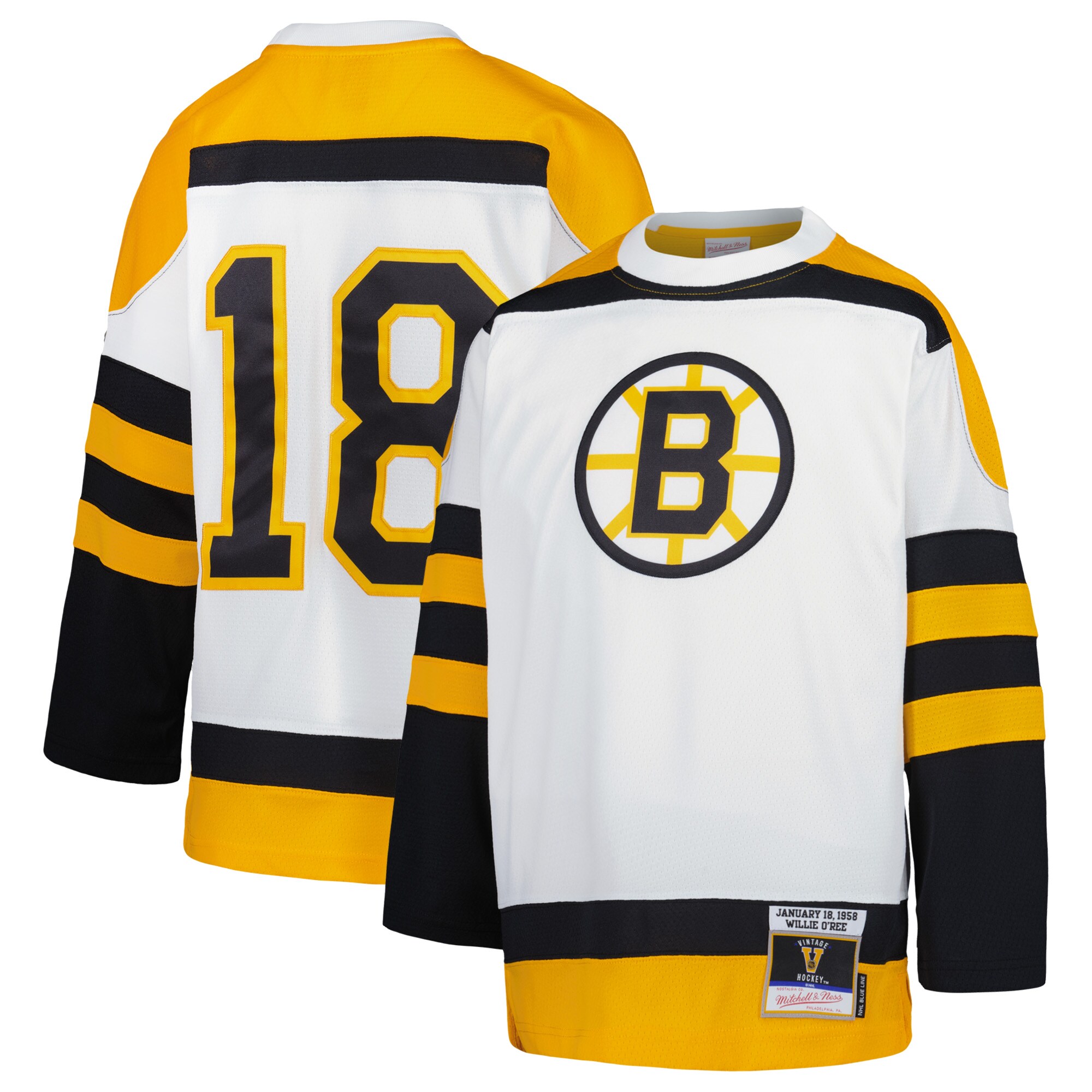 Youth Boston Bruins Willie O'Ree Mitchell & Ness White 1958 Blue Line Player Hockey Jersey - JS416 